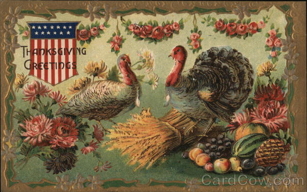 Thanksgiving Greetings - Two Turkeys with food and flowers