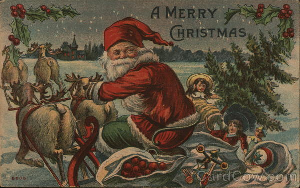 A Merry Christmas - Santa with Reindeer pulling a cart full of toys