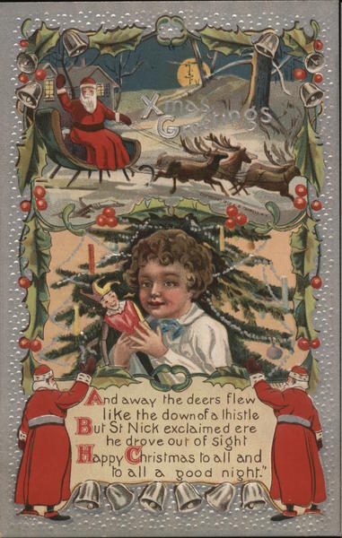 Xmas Greetings - Santa with Sleigh Pulled by Reindeer