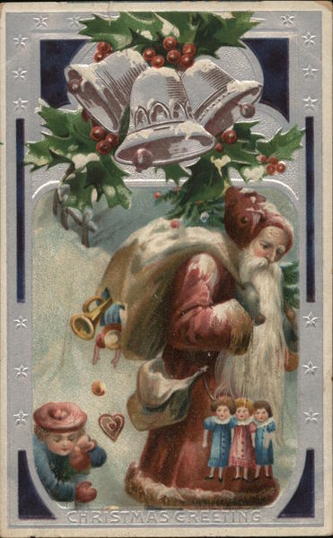 Toys falling from a hole in Santa's sack. Santa Claus