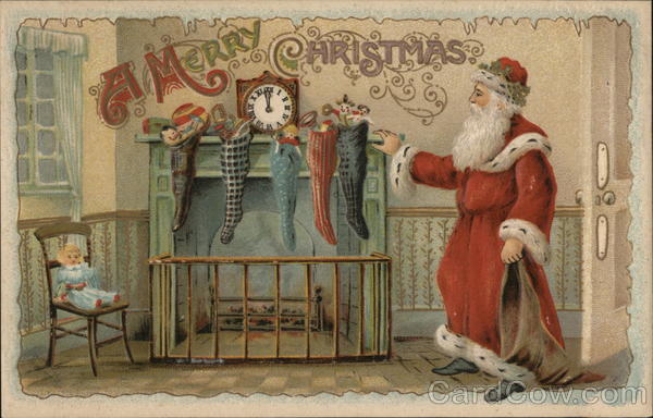 Santa Fills Stockings Over the Fireplace Santa Claus