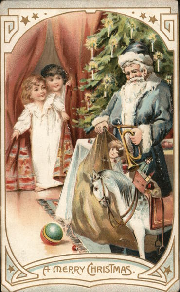 Two children peek from behind a curtain and sees Santa with a bag of gifts