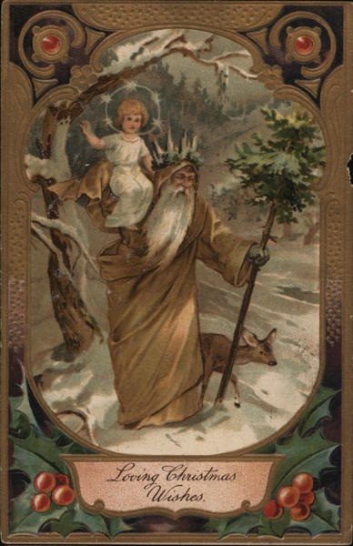 Loving Christmas Wishes Santa with child and deer Santa Claus