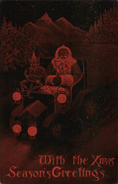 With the Xmas Season's Greetings-Santa and elf in car