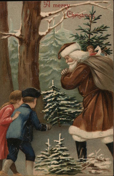 Two children walking outdoor and Santa with a sack of gifts