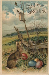 Countryside Scene With Bunny Holding Easter Egg With Bunnies Postcard Postcard Postcard