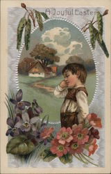 A Joyful Easter-Little boy with farmhouse and flowers A Joyful Easter-Little boy with farmhouse and flowers