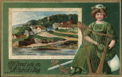 Woman in a green dress sits behind a harp. Scenic picture of homes on a hillside and river. Woman in a green dress sits behind a harp. Scenic picture of homes on a hillside and river.