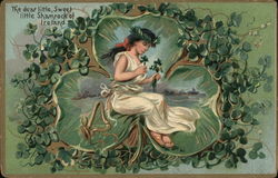 Young Girl With Harp Picking Shamrocks St. Patrick's Day Postcard Postcard Postcard