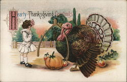 Hearty Thanksgiving Greetings-Girl with a turkey holding a wshbone. Children Postcard Postcard Postcard