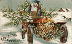 Santa in Blue Driving Car Christmas Greetings Postcard