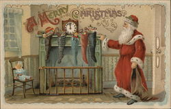 Santa Fills Stockings Over the Fireplace Postcard