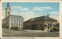 City Hall and N.Y.N.H. & H. RY. Station Marlboro, MA Postcard Postcard 