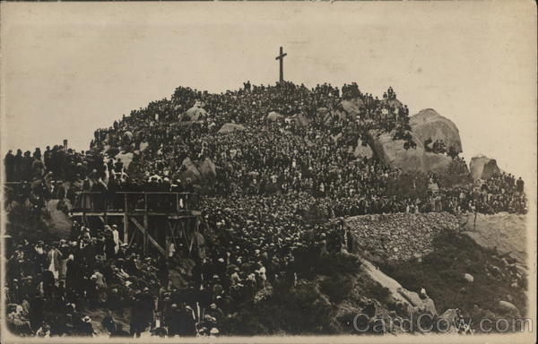 Hundreds of People on Cross-Topped Mountain - Religious Service