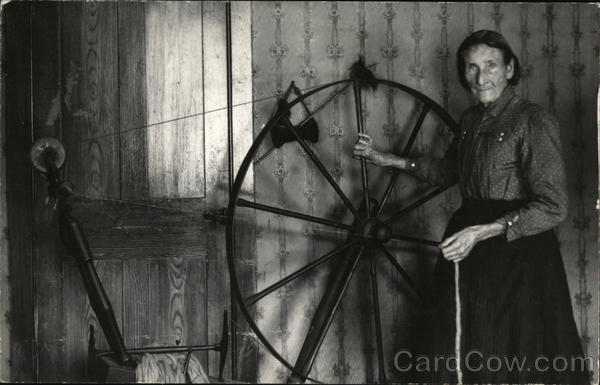 Old Woman Standing by Spinning Wheel Women