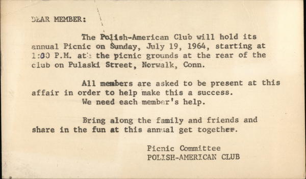 Correspondence Card for Polish American Club Picnic Committee Norwalk Connecticut
