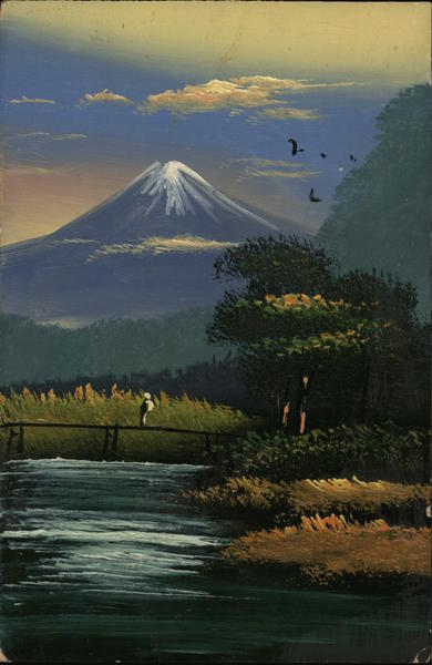 Painting of river and birds in front of Mt. Fuji Japan