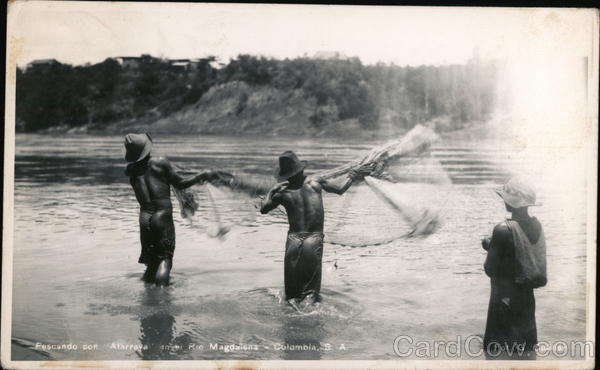 Fishing with a net in the Magdalena River Stamp Overprint Colombia