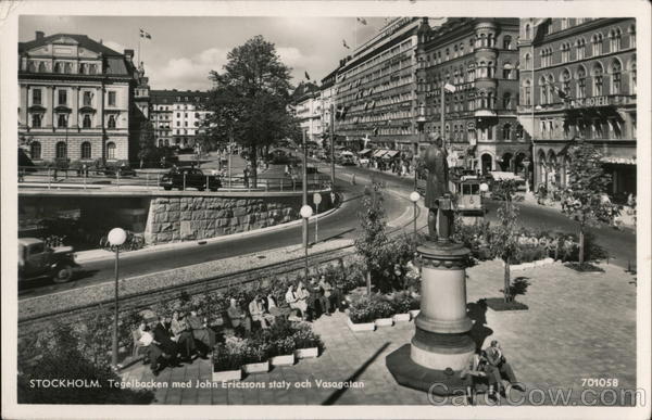 Tegelbacken med John Ericssons Staty Och Vasagatan Stockholm Sweden