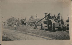 Farmers During Harvest, Steam Tractor Postcard