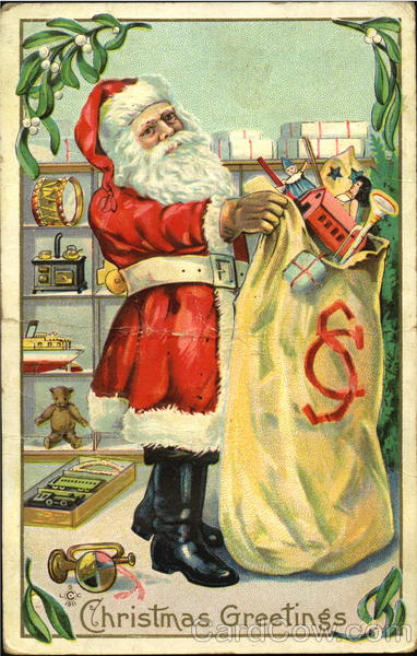 Santa with monogramed toy bag Santa Claus