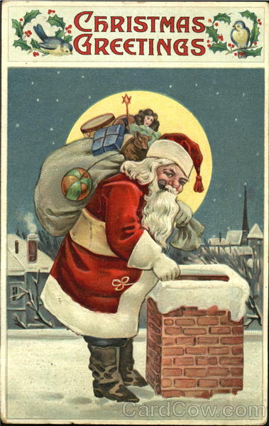 Santa on Rooftop Smoking Pipe Santa Claus