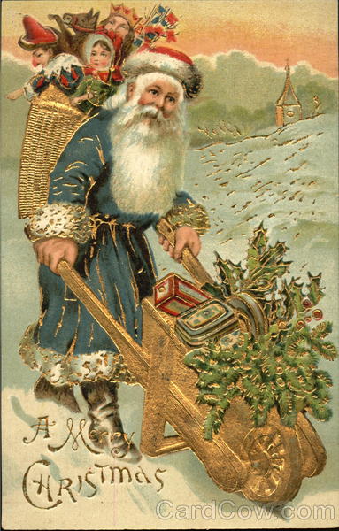 Santa with Blue Robe Wheelbarrow Santa Claus