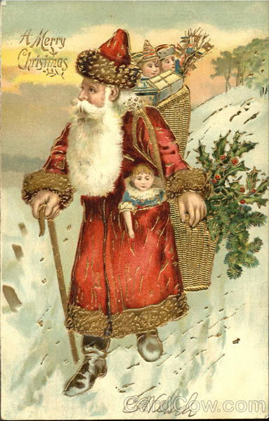 Santa with Cane Baskets of Toys Santa Claus