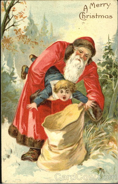 Santa Stuffing a boy into his Bag Santa Claus
