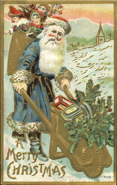 Blue Robe Santa with Wheelbarrow Santa Claus