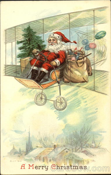 Embossed Santa in Airplane Santa Claus