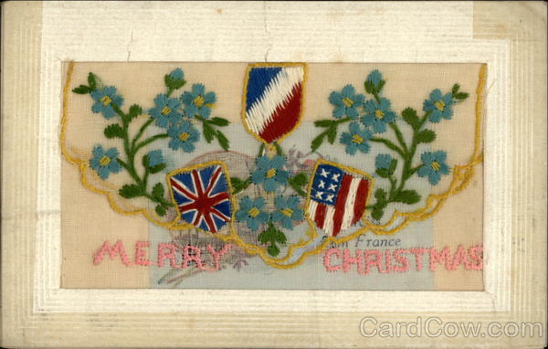 French, British, US Flags Merry Christmas Embroidered Silk
