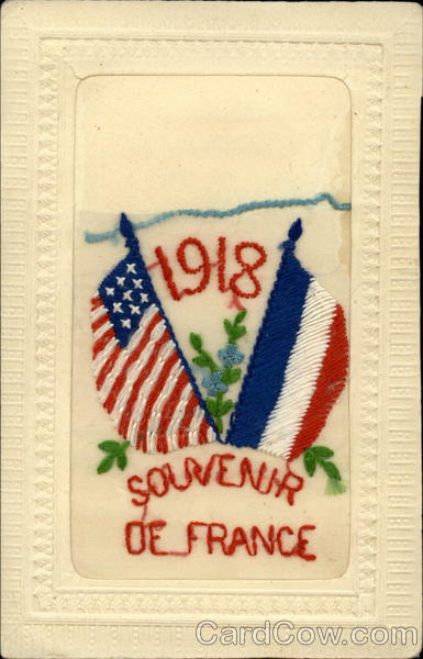 1918 US & French Flags Embroidered Silk