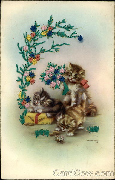 Cats Playing Embroidered Silk