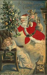 Silk Santa with Tree, toys, children Postcard