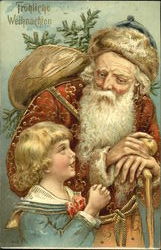 Frohliche Weihnachten Santa with Child Postcard