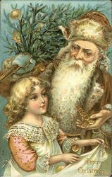 German Santa with Brown Robe Girl Postcard