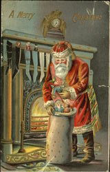 Santa with dolls stockings Postcard