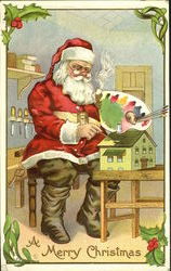Santa Painting Doll House Smoking Pipe Postcard