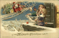 Santa in Airplane tosses toys to Children on Balcony Postcard
