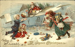 Santa in Airplane tosses toys to Children Postcard