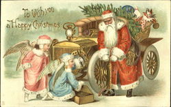 Santa and Angels Fixing Flat Tire Santa Claus Postcard Postcard