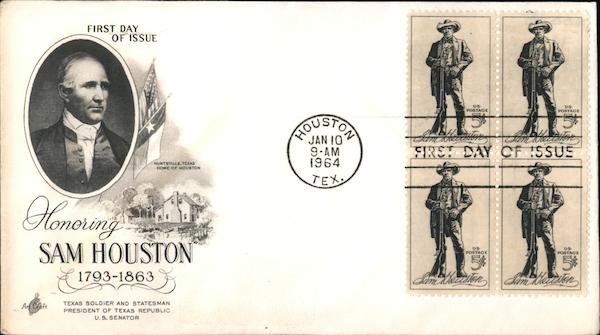 Honoring Sam Houston, 1793-1863 Block of Stamps First Day Covers