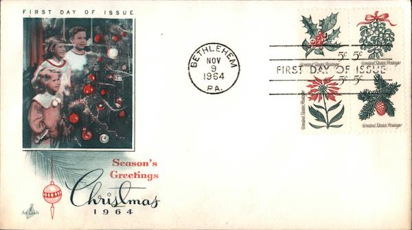 Season's Greetings Christmas 1964 Block of Stamps First Day Covers