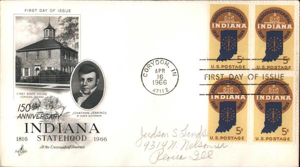 150th Anniversary Indiana Statehood 1816-1966 At the Crossroads of America Block of Stamps