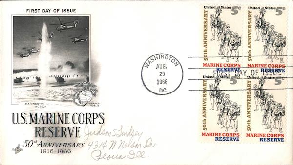 U.S. Marine Corps Reserve 50th Anniversary 1916-1966 Block of Stamps