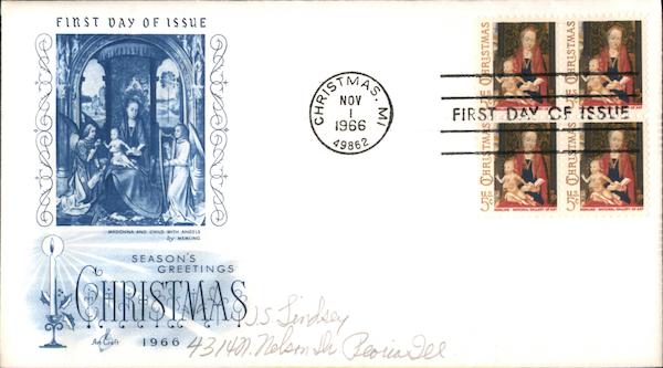 Season's Greetings Christmas 1966 Block of Stamps First Day Covers
