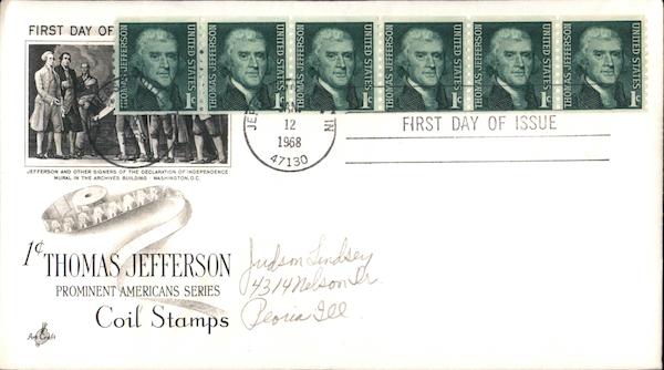 1c Thomas Jefferson Coil Stamps Block of Stamps First Day Covers