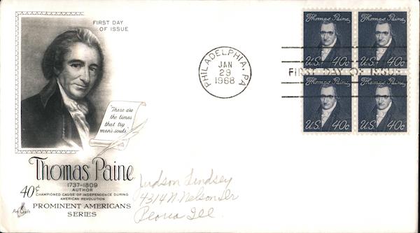 Thomas Paine Block of Stamps First Day Covers