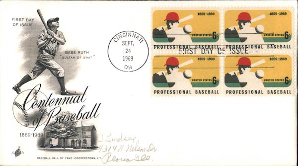 Centennial of Baseball 1869-1969 Block of Stamps First Day Covers